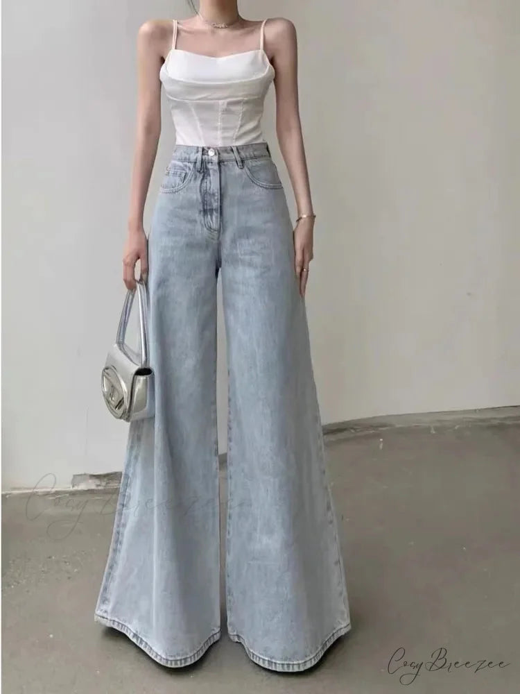 Slimming Vintage Flared Loose Fitting High-Waisted Denim Mop Floor Length Jean Light Blue / XS