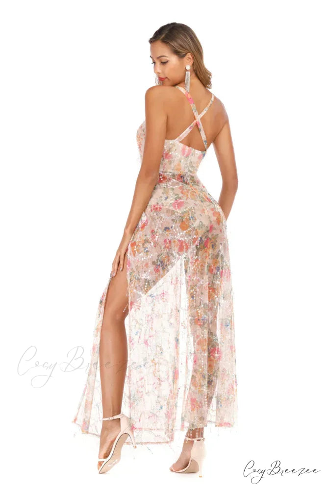 Sling Perspective Printed Sequined Dress