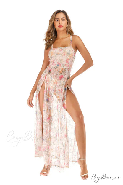 Sling Perspective Printed Sequined Dress