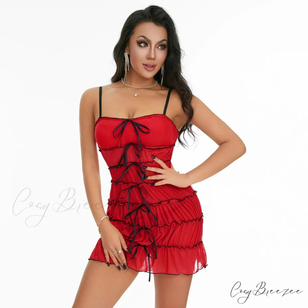 Sling Pleated See-Through Mini Dress Red / S minidress-250223