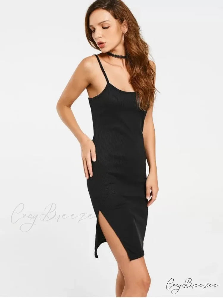 Slip Bodycon Ribbed Slit Dress L / ARMY GREEN