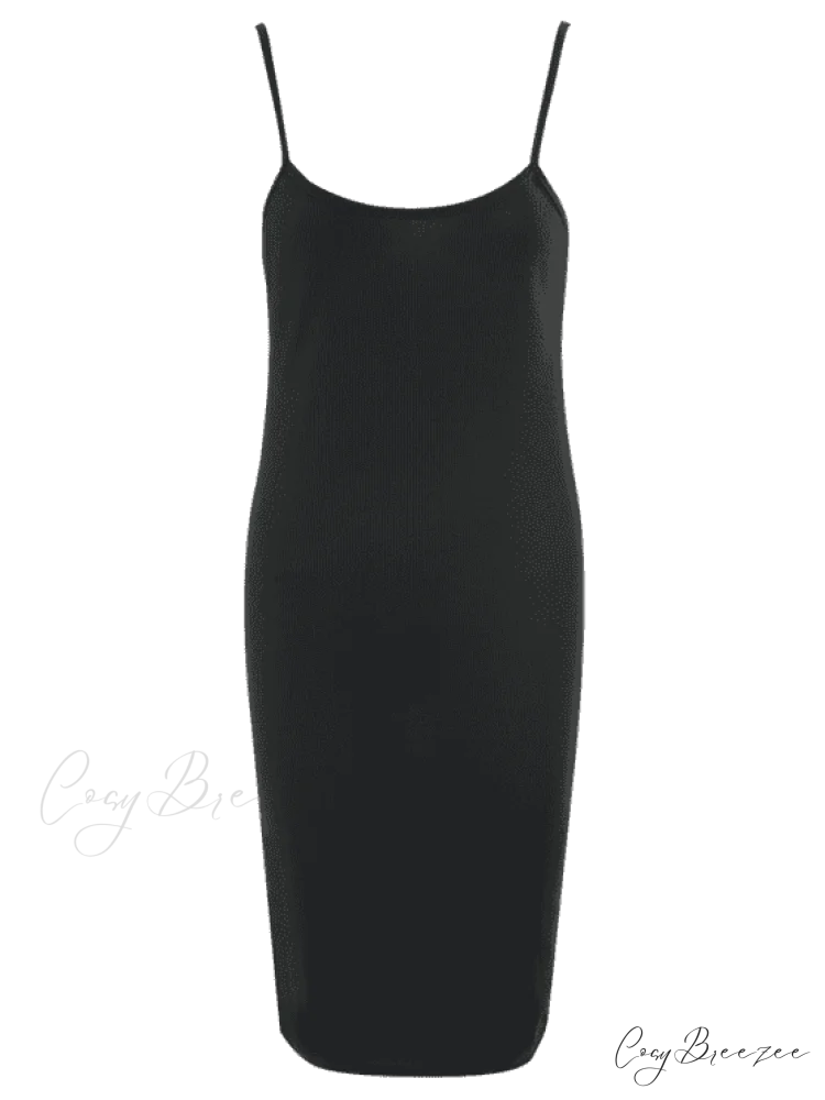 Slip Bodycon Ribbed Slit Dress M / BLACK
