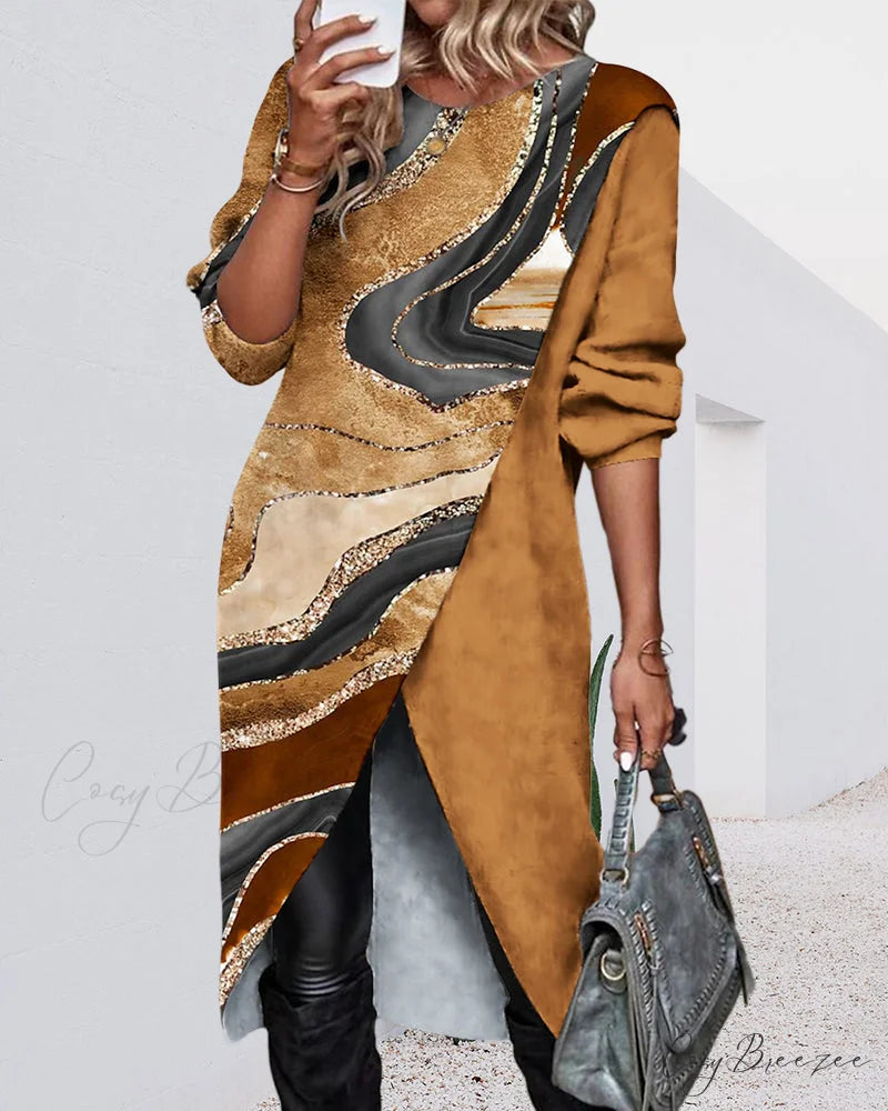 Slit Asymmetric Long Sleeve Dress with Print