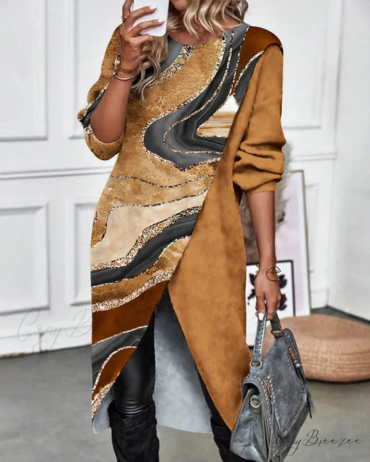Slit Asymmetric Long Sleeve Dress with Print Khaki / S