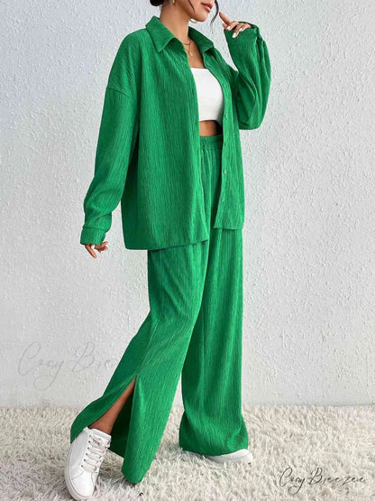 Slit Blouse and Pants Collared Set