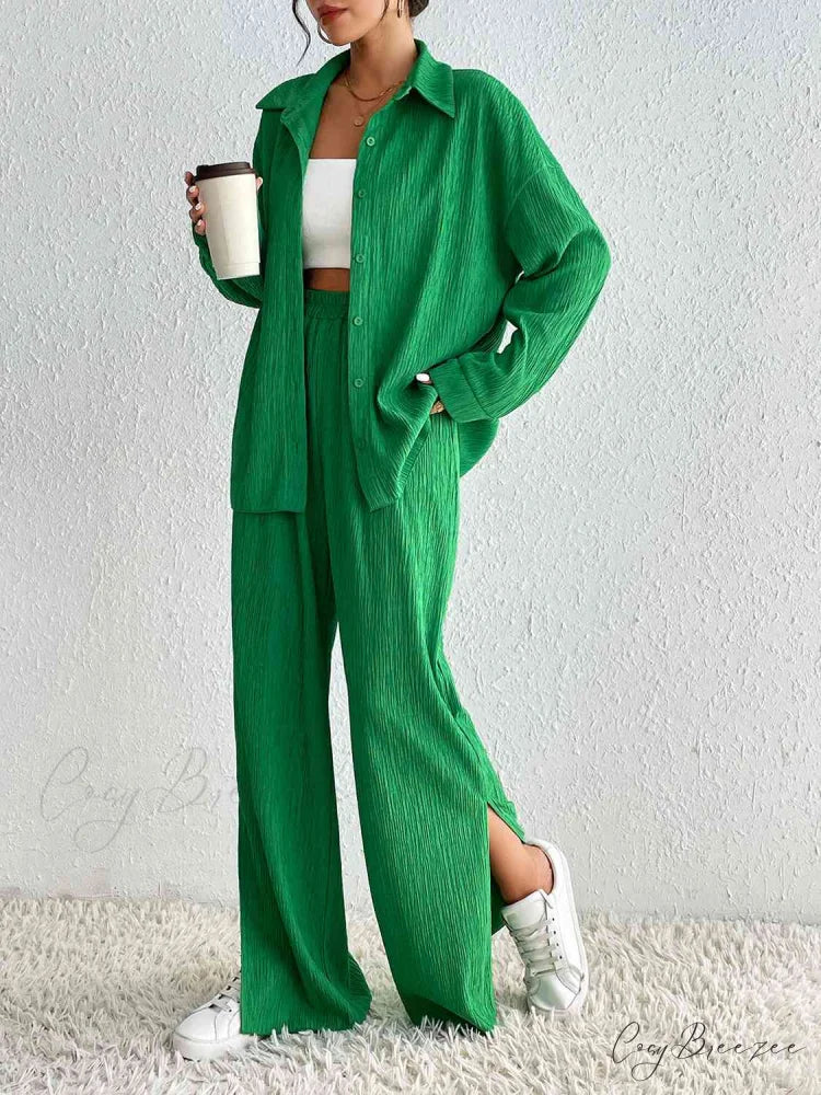 Slit Blouse and Pants Collared Set