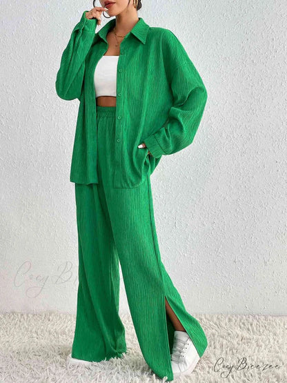 Slit Blouse and Pants Collared Set