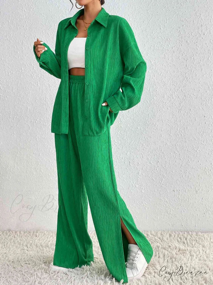 Slit Blouse and Pants Collared Set