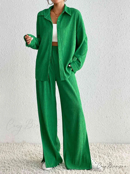 Slit Blouse and Pants Collared Set Mid Green / S