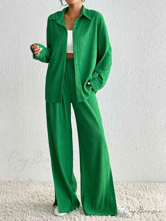 Slit Blouse and Pants Collared Set Mid Green / S