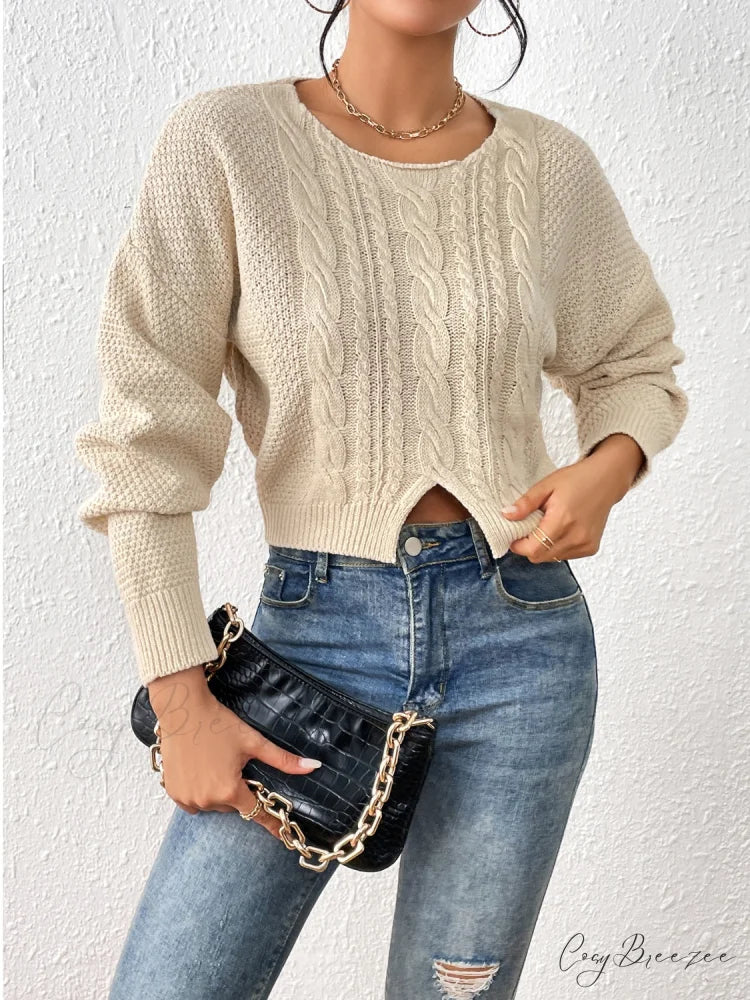 Slit Drop Shoulder Cable-Knit Sweater