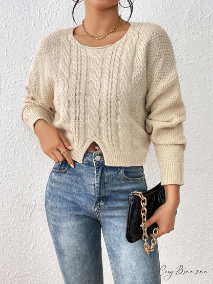 Slit Drop Shoulder Cable-Knit Sweater Beige / S