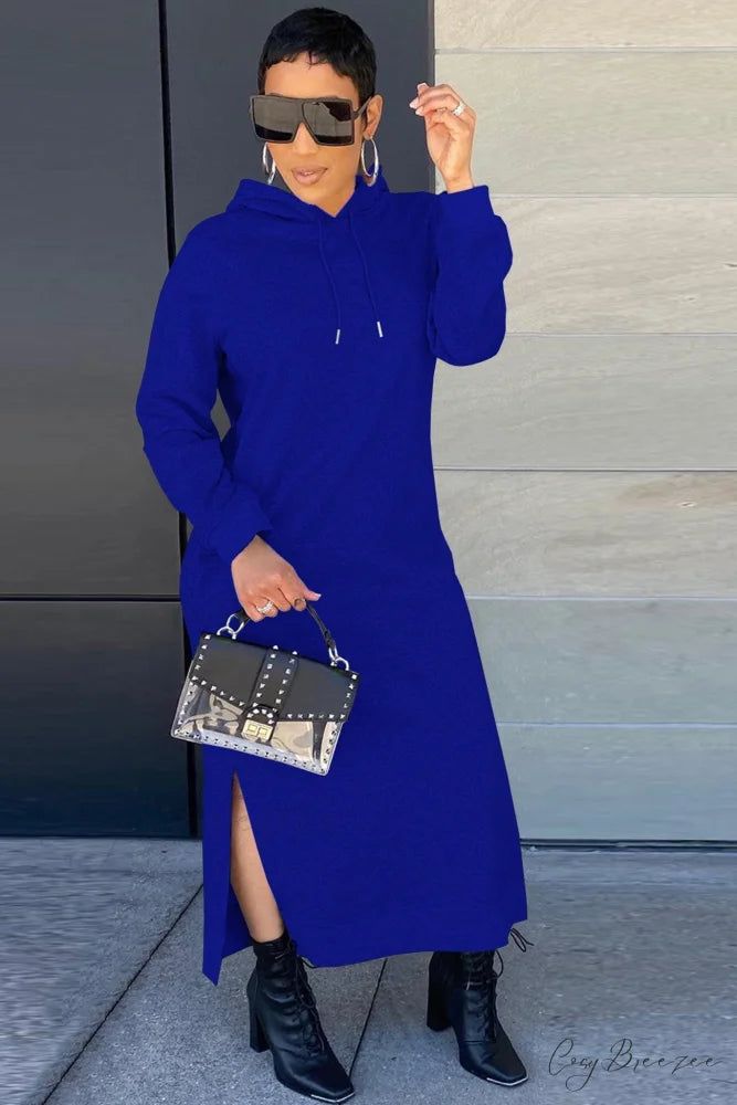 Slit Hem Hoodie Dress Blue / S