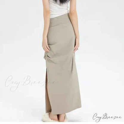 Slit Pleated Solid Long Skirt Vintage Korean Casual Skirt