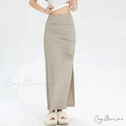 Slit Pleated Solid Long Skirt Vintage Korean Casual Skirt