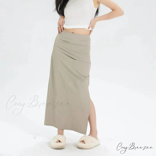 Slit Pleated Solid Long Skirt Vintage Korean Casual Skirt apricot / S