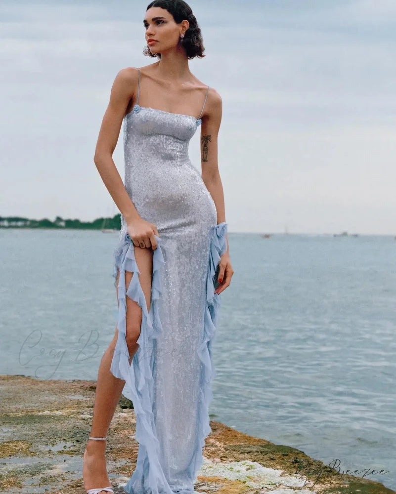 Slit Ruffle Sequin Party Dress