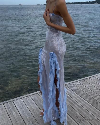 Slit Ruffle Sequin Party Dress