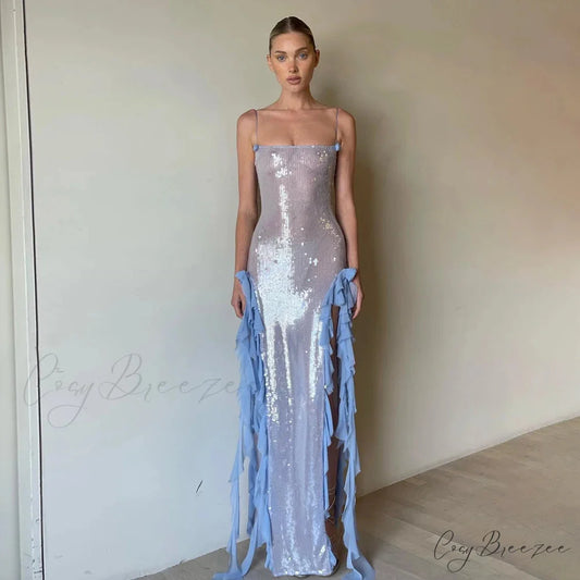 Slit Ruffle Sequin Party Dress blue / XS