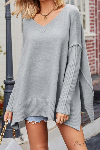 Slit Side Pullover Neck V Sweater Grey / M