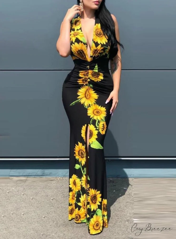 Slit Sunflower Gown Full-Length in Plunge Design Black S / BLACK