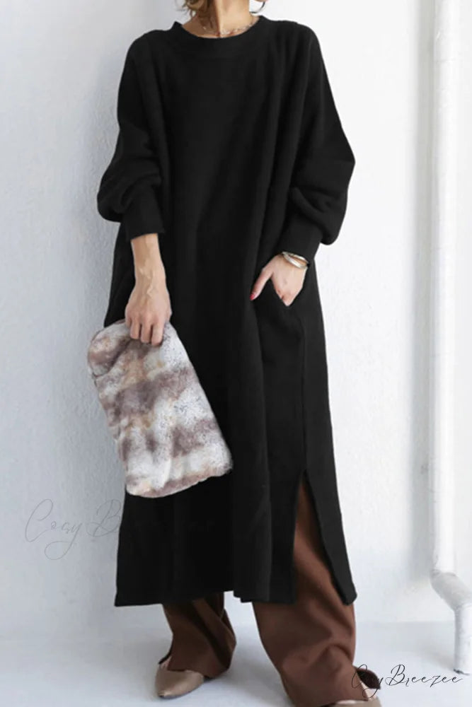 Slit Sweatshirt Dress with Crew Neck Black / S