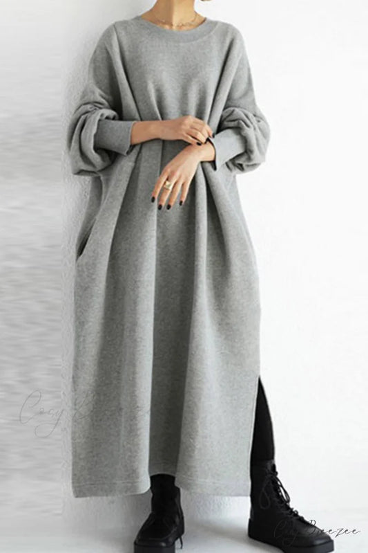 Slit Sweatshirt Dress with Crew Neck Grey / S