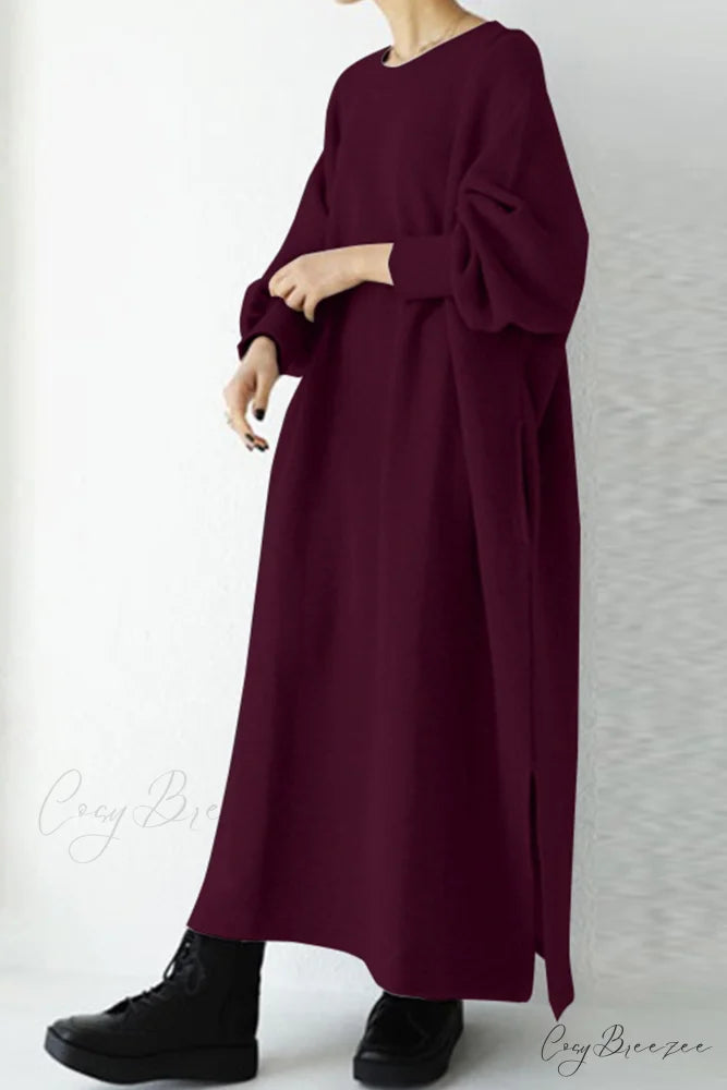 Slit Sweatshirt Dress with Crew Neck Wine Red / 2XL
