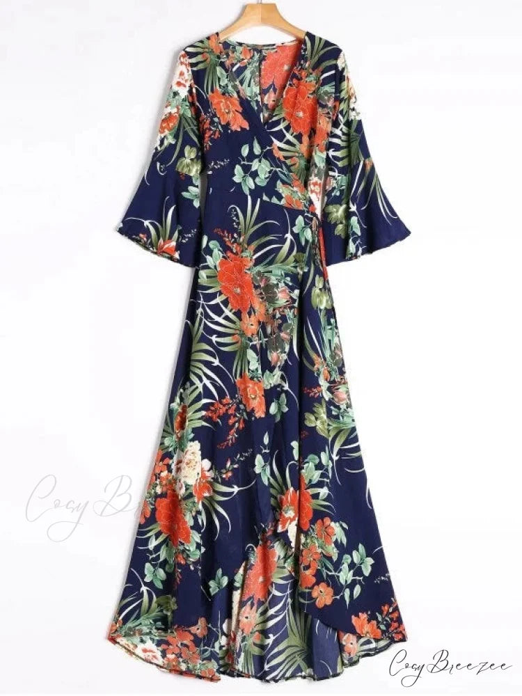 Slit Tropical Print Maxi Wrap Dress
