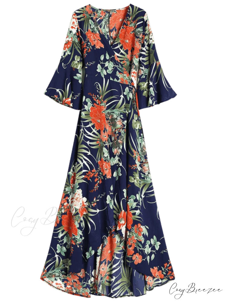 Slit Tropical Print Maxi Wrap Dress