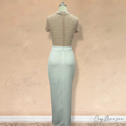 Slit Tulle Night Sexy with - Party Sleeves Gown Patchwork Transparent - Beaded for Warm-Season Outfit Brief Women