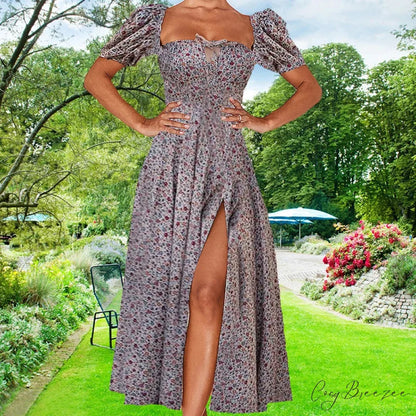 Small Fresh Floral Slim Fit Slit Camisole Dress GRAY / S floraldress-250126