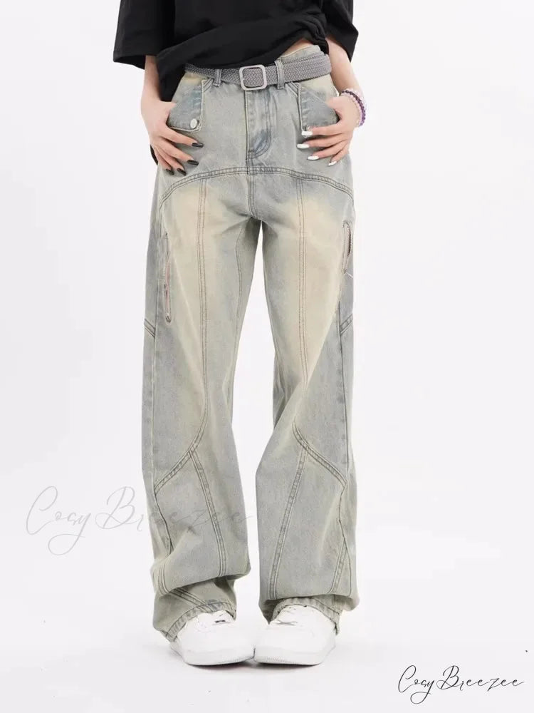 Small High Street Distressed Trendy Brand Washed Vintage Versatile Loose Wide Leg Women’s Jean