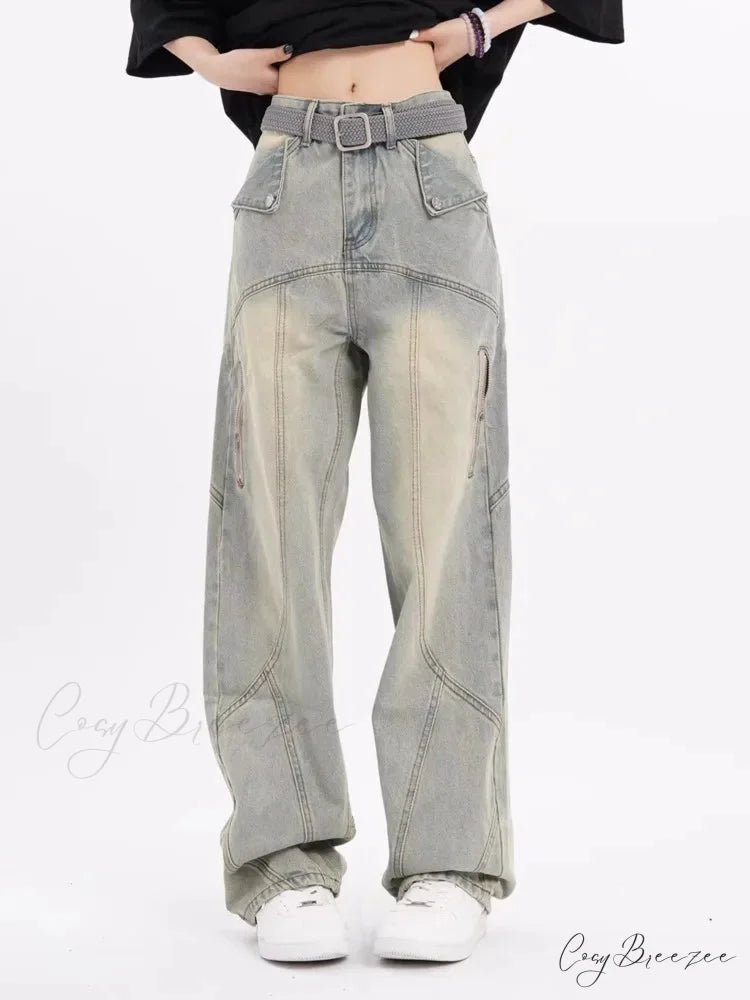 Small High Street Distressed Trendy Brand Washed Vintage Versatile Loose Wide Leg Women’s Jean