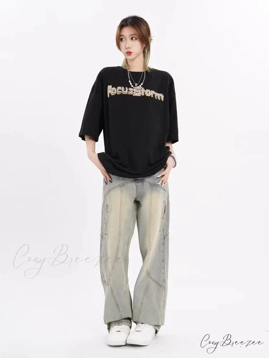 Small High Street Distressed Trendy Brand Washed Vintage Versatile Loose Wide Leg Women’s Jean