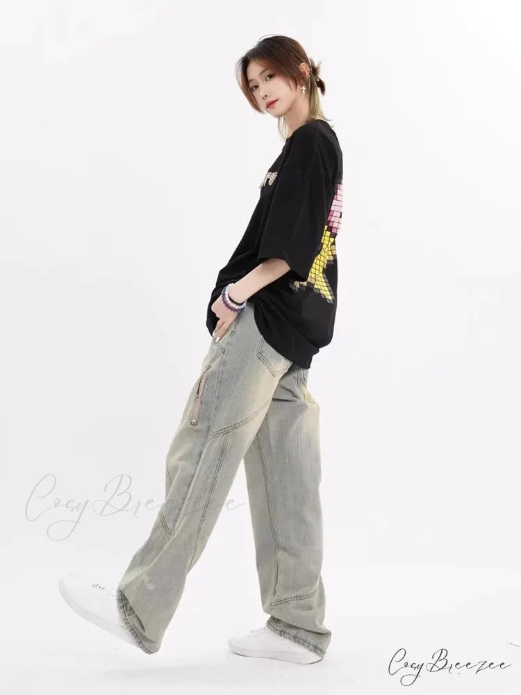 Small High Street Distressed Trendy Brand Washed Vintage Versatile Loose Wide Leg Women’s Jean