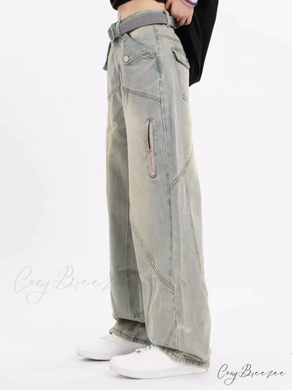 Small High Street Distressed Trendy Brand Washed Vintage Versatile Loose Wide Leg Women’s Jean