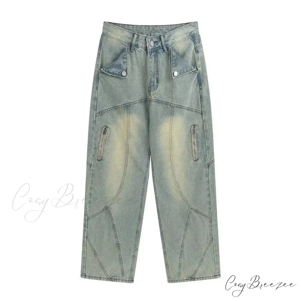 Small High Street Distressed Trendy Brand Washed Vintage Versatile Loose Wide Leg Women’s Jean Blue / S