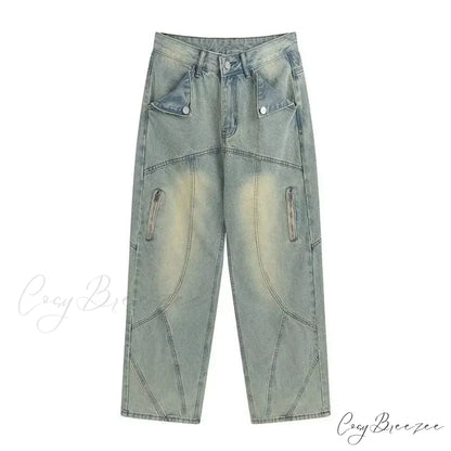 Small High Street Distressed Trendy Brand Washed Vintage Versatile Loose Wide Leg Women’s Jean Blue / S
