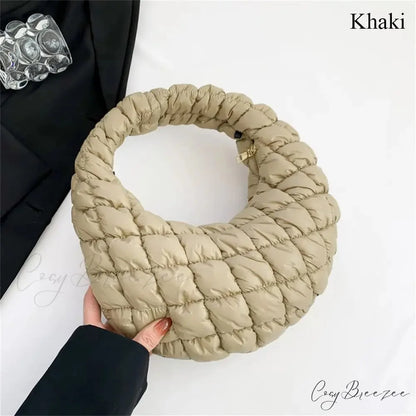 Small Quilted Cotton Padded Tote Handbag khaki handbag-250126