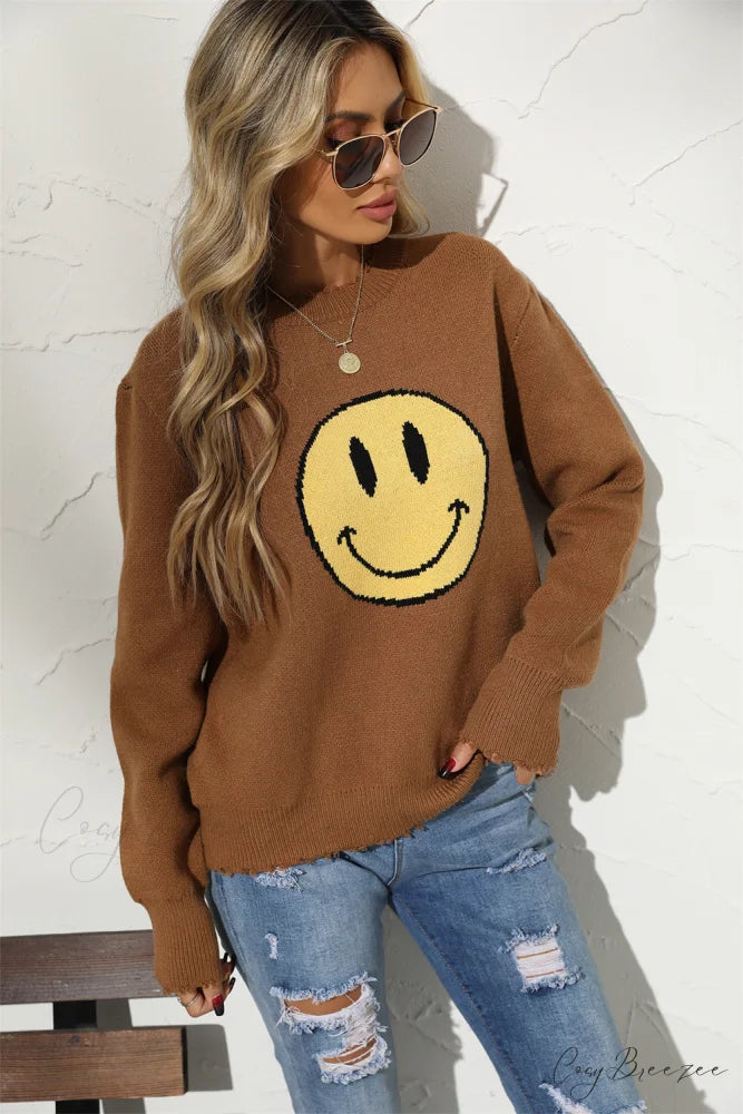 Smily Graphic Round Arm Face Long Neck Sweater