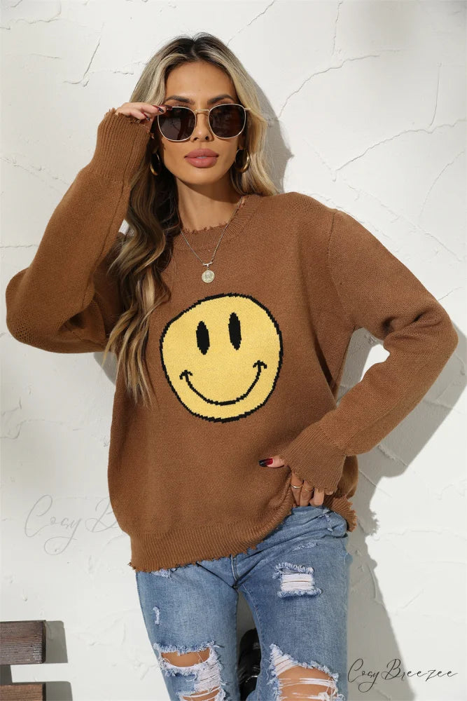 Smily Graphic Round Arm Face Long Neck Sweater