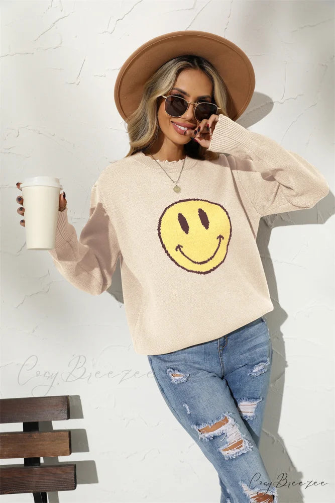 Smily Graphic Round Arm Face Long Neck Sweater