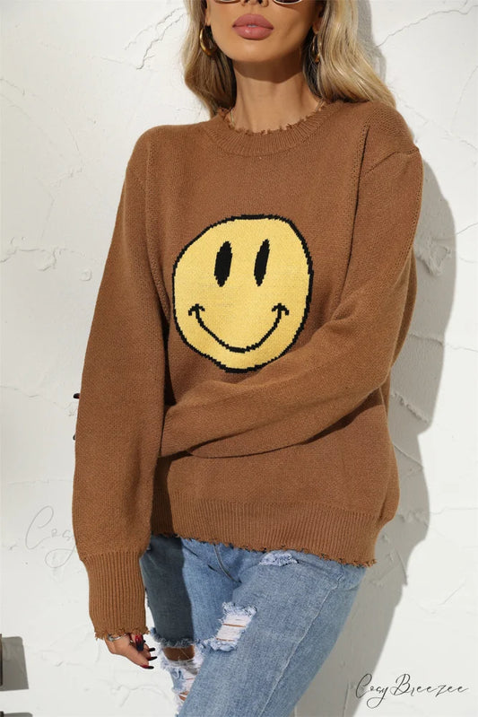 Smily Graphic Round Arm Face Long Neck Sweater Taupe / S