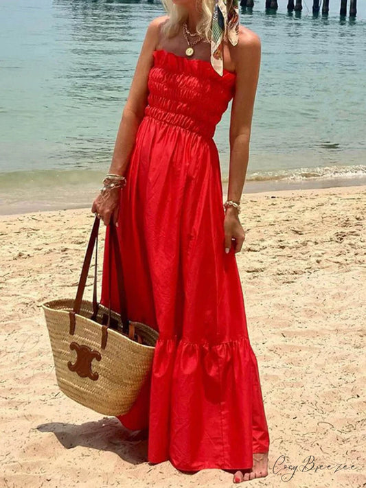 Smocked Bust Off Charming Shoulder Vacation Maxi Dress Red / S