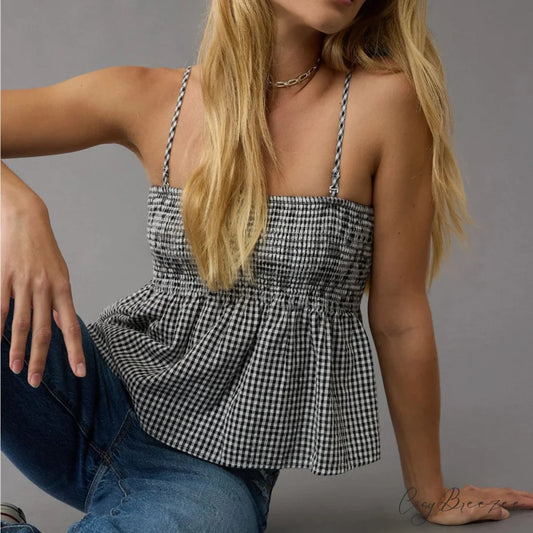 Smocked Gingham Peplum Crop Top Black / S croptop-250223
