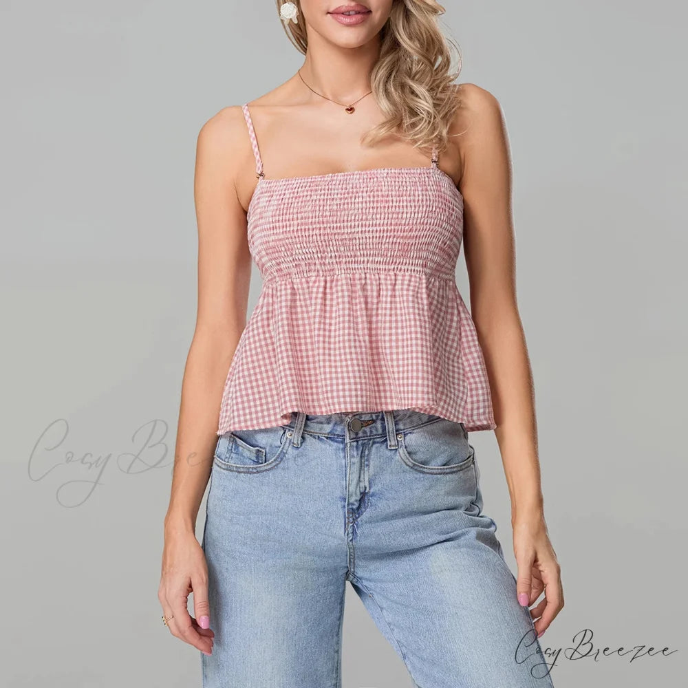 Smocked Gingham Peplum Crop Top croptop-250223