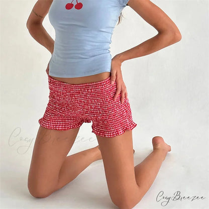Smocked Ruffled Elastic Waist Shorts CORAL RED / S short-250223