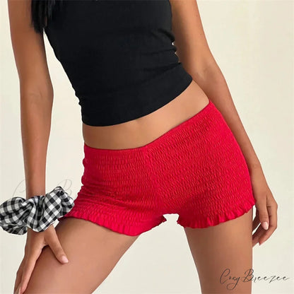 Smocked Ruffled Elastic Waist Shorts Red / S short-250223