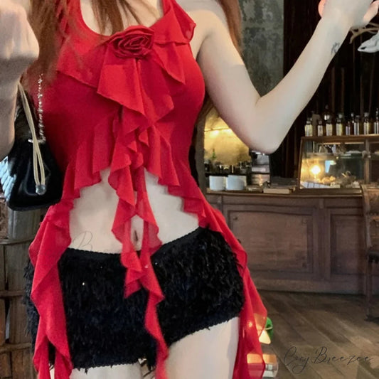 Smocked Ruffled Halter Crop Top Red / One Size croptop-250223
